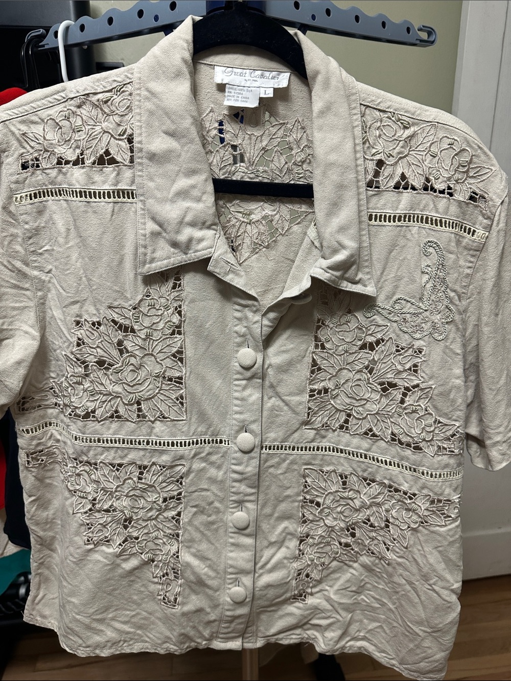 Women's Cream Embroidered Cutwork Button-Front Jean Jacket